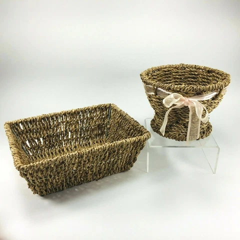 2pc Bath Vanity Natural Woven Wire Frame Baskets Round Pedestal Rectangular Cover