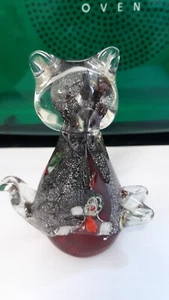 Vintage Murano Style Handblown Silver Millefiori cat From Italy. Ruby Glass - Picture 1 of 11
