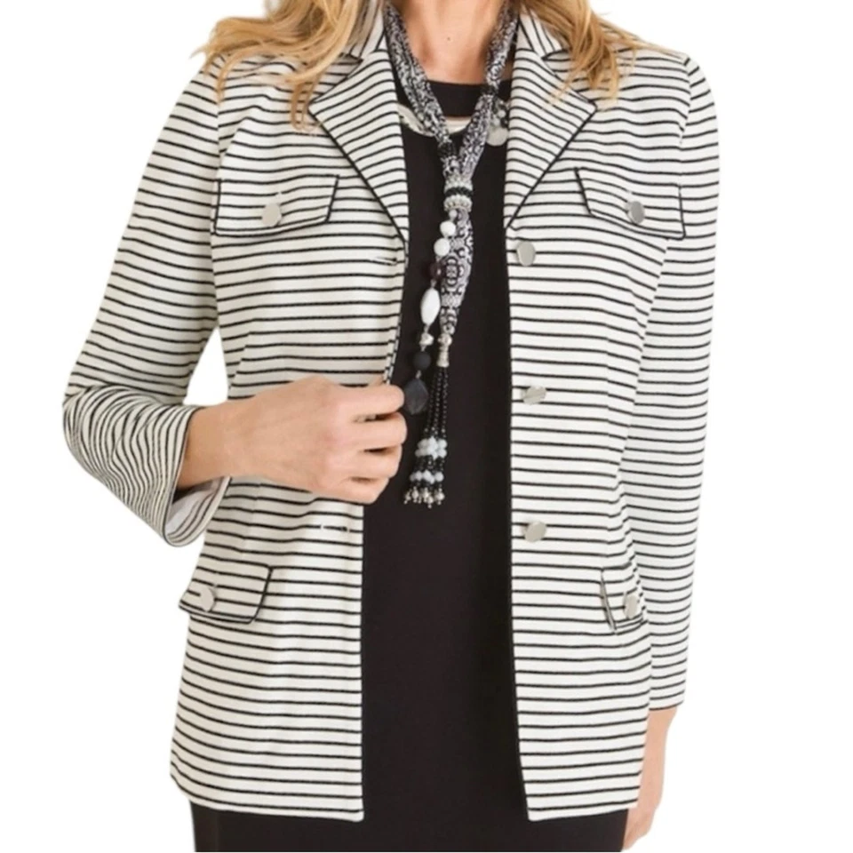 Blazer Chico’s Mujer Talla 2 M Blanco y Negro Rayas Clásico Jersey Elástico Tejido Foto 1 de 4