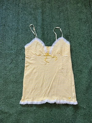 Womens Y2K 2000s Vintage american Eagle Yellow Striped Fairy Coquette Lace Top L - Image 1 of 4