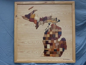 tarsia wood map,Michigan,art,home,office,hardwood,exotic wood,carving,wood worki - Picture 1 of 3