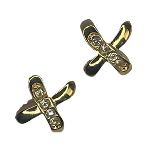 Vintage 1988 Avon Sparkle Kiss Rhinestone Gold X-Shaped Pierced Earrings - Picture 1 of 4