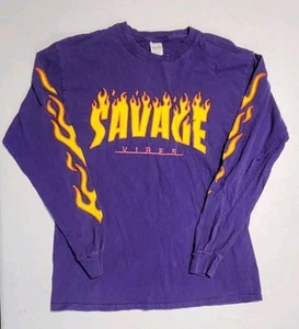 Savage Vibes Purple Flames On Long Sleeve T-Shirt Gildan Size M Skater - Picture 1 of 5