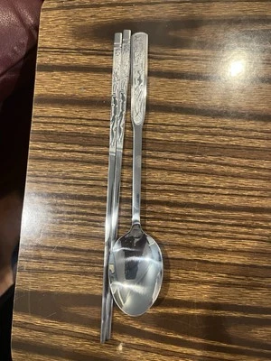 Korean Stainless Steel With Ginseng Plant Chopsticks W/ Spoon W Free Handmade Si - Image 1 of 4