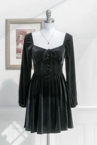 Mini Vestido Grande Azul Pepper Gótico Oscuro Romántico Terciopelo Amantino Negro Manga Larga - Imagen 1 de 5