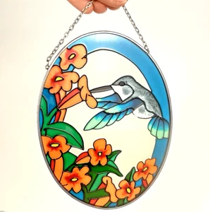 Colibrí de vitral vintage atrapasol ovalado floral ventana colgante decoración - Imagen 1 de 9