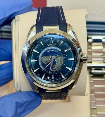 OMEGA Aqua Terra Worldtimer w Box, Papers, OEM bracelet, 3 Straps, Free Ship! - Image 1 of 4