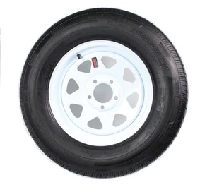 Radial Trailer Tire On White Spoke Wheel Rim ST205/75R15 205/75-15 15 5 Lug - Bild 1 von 9
