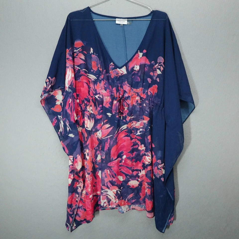 Traje de baño Calvin Klein cubre mujer azul rosa floral transparente túnica de playa L/XL Foto 1 de 4