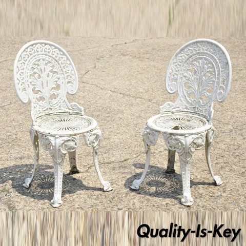 Antique French Victorian Cast Iron Foliate Leaf Pattern White Garden Chair, Pair Cover
