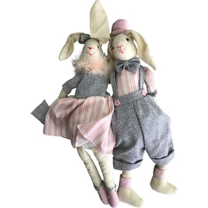 Primitive Bunny Rabbit Pair Boy Girl Folk Art Fabric Dolls Handmade Pink Gray - Picture 1 of 6