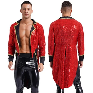Mens Halloween Circus Sequin Tailcoat Open Front Tuxedo Outerwear Ringmaster - Picture 1 of 25