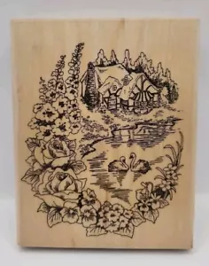 Stampendous Large Mounted Rubber Stamp R06 Flower Cottage W/ Lake Swans Scene - Picture 1 of 4