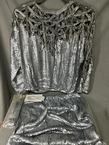 1970s Judith Ann Creations - Silver Sequin 2 Piece And Belt NEW With Tags Small - Picture 1 of 10