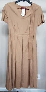 New MaxMara Studio $525 2US/36IT Camel Poplin V-Neck Short Sleeve Midi Dress - Picture 1 of 21