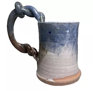 Handmade Studio Pottery Mug Handle Art Brown Blue Drip Glaze Signed - Picture 1 of 12