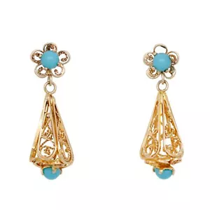 Vintage Turquoise Filigree Swirled Cone Dangle Earrings - Solid 14k Yellow Gold - Picture 1 of 6