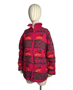 Pachamama Aztec Vintage Pink Wool Handknit Handmade Cardigan Sweater Amano L-XL - Picture 1 of 18
