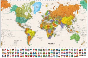 150x100cm World Map With Flags Poster Art Home Office Wall Chart Mural Backdrop - Picture 1 of 9