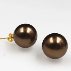 Huge AAA 12 mm Round South Sea Brown Shell Pearl Earrings 14K Yellow Gold - Picture 1 of 5