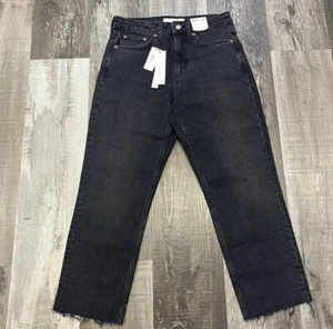 TOPSHOP High Waist Straight Leg Denim Jeans Size 28 Color Black Raw Hem Zip Fly - Picture 1 of 10
