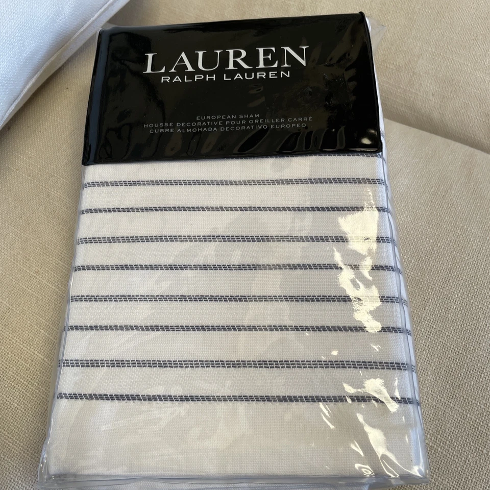 Ralph Lauren Juliet Woven Frame Euro Sham White Blue Cotton 26x26”