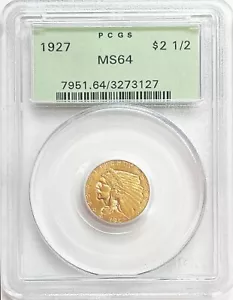 1927 GOLD USA $2.5 INDIAN HEAD QUARTER EAGLE GREEN PCGS MINT STATE 64 OGH - Picture 1 of 2