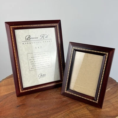 Lote de 2 marcos de madera con incrustaciones de marquetería Fetco Beacon Hill marrón beige Foto 1 de 4