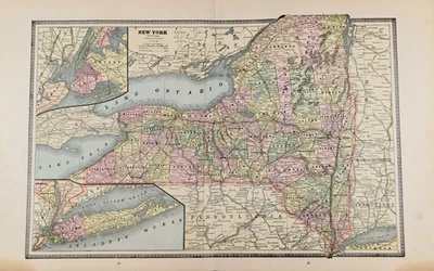 1886 NEW YORK STATE  Map ORIGINAL LARGE 18x11  Long Island - Brooklyn - Buffalo - Image 1 of 4