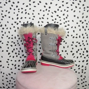 Sorel Gray Faux Fur Trim Girls Lace Up Winter Tofino Boots Size 3 - Picture 1 of 8