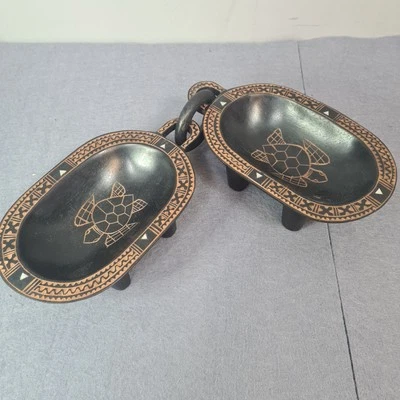 Kava Double Bowl Linked Pacific Islands Culture Carving Mother of Pearl Inlay  - image 1 of 4