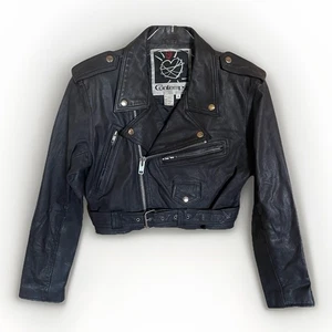 Contempo Cropped Moto Biker Leather Jacket Black Zippers Belted Sz Small Vintage - Picture 1 of 7