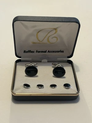 复古男式袖扣带 4 个耳钉套装银色和黑色玛瑙带盒“RAFFLES” — 第 1/4 张图片