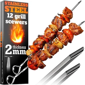 Big Strong Skewers for Grilling 12 PCS 17" Shish Metal 2MM Flat BBQ Stainless... - Picture 1 of 8
