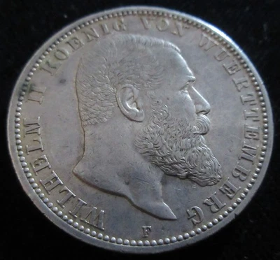 MDS DEUTSCHES REICH KAISERREICH WUERTTEMBERG 5 MARK 1913 F "WILHELM", SILBER #M - Bild 1 von 2