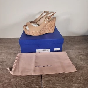 $500 STUART WEITZMAN Riveria patent-leather wedge slingback sandals 9.5 B Adobe - Picture 1 of 12