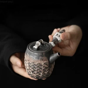 Handmade Rough Pottery Teapot Side Handle Pot Embossed Lotus Kettle with Filter - Picture 1 of 6