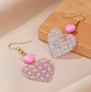 Pink heart Dangle Sparkle Valentines Earrings Gold Silver Bling Acrylic Love - Picture 1 of 6
