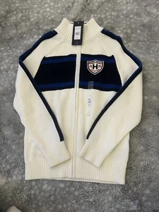 Tommy Hilfiger Boys White, Blue/ Black Striped Full Zip Knit Sweater Sz M (8-10) - Picture 1 of 1