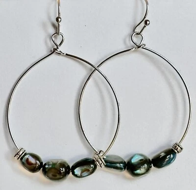 Silver & Rich Blue Mother of Pearl Chip Dangle Hoop Earrings. Beach. - Image 1 of 3