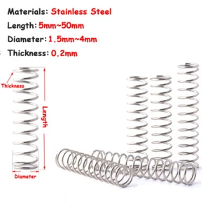 0.2mm Thick Compressed Spring Pressure Stainless Steel 5~50mm Length 1.5~4mm Dia - Picture 1 of 9