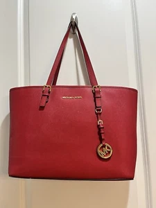 Michael Kors Red Jet Set Travel Tote Handbag 10”X17”X” 20.5” Handle Clean - Picture 1 of 7