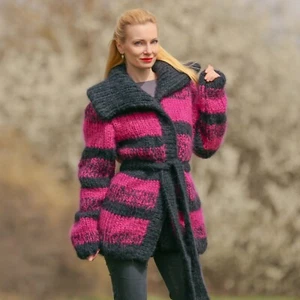 Black purple thick mohair sweater cardigan handmade coat ready to ship size L-XL - Picture 1 of 8