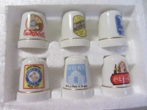 PORCELAIN THIMBLE SET OF 6 ARM & HAMMER COKE CAMPBELLS BON AMI MORTON NOS MIB - Picture 1 of 3