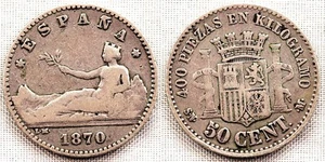 GOBIERNO PROVISIONAL 50 CENTIMOS 1870*7-0 MADRID VF/MBC SILVER/PLATA MUY ESCASA - Imagen 1 de 1