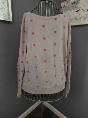 Moletom Wildfox tamanho S cinza manga longa pulôver rosa estampa de corações casual - Imagem 1 de 4