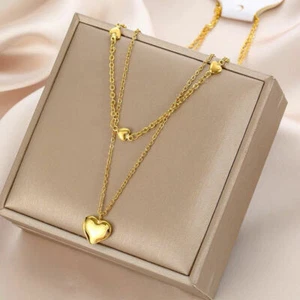 Mujer 18K chapado en oro de acero inoxidable corazón encanto 2 capas collar de cadena - Imagen 1 de 5
