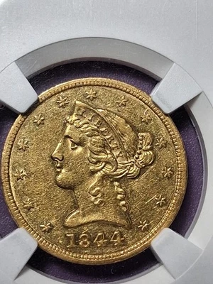 1844-P $5 GOLD. NGC AU-55. COLLECTORS CHOICE. PRE CIVIL WAR GOLD - Image 1 of 4