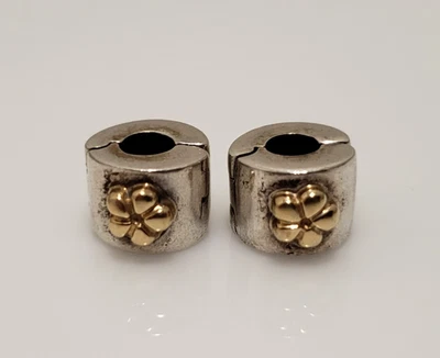 Set of 2 Pandora Sterling Silver Two Toned Flower Clip Charms 790140 - Image 1 of 4
