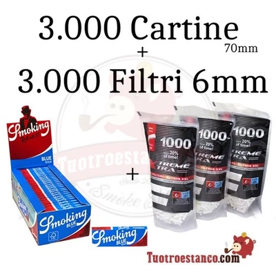 XTREM 3.000 Cartine Smoking Blu 70 mm + 3.000 FILTRI lunghi X-trem 6 x 22mm